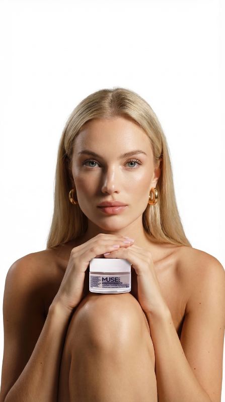 Muse Lab — model in blue light holding serum