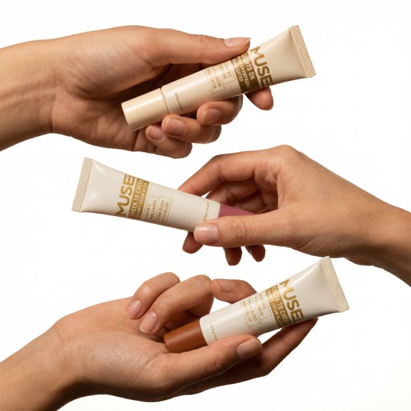 Muse Lab — model applying serum in sunlight